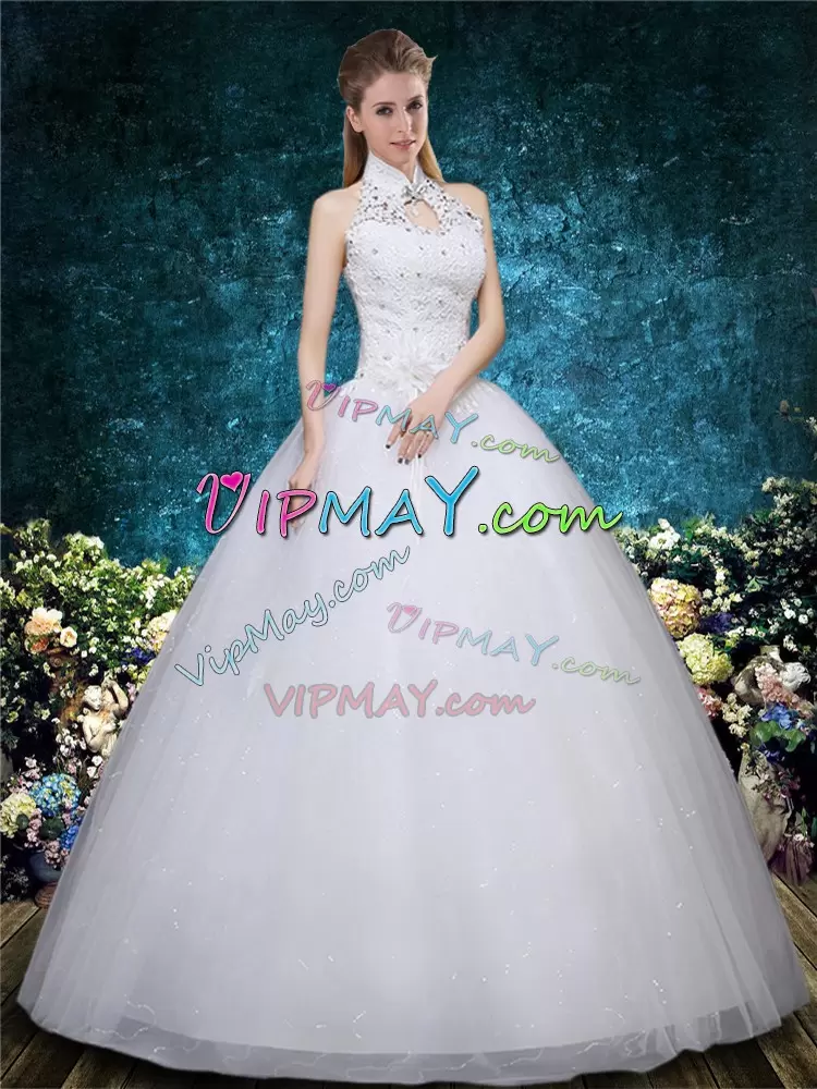 Cute White Ball Gowns High-neck Sleeveless Tulle Floor Length Lace Up Beading and Embroidery Wedding Dress