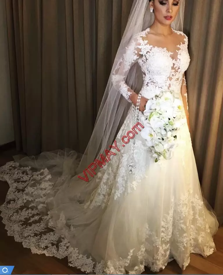 Wonderful With Train White Bridal Gown Sweetheart Long Sleeves Chapel Train Lace Up