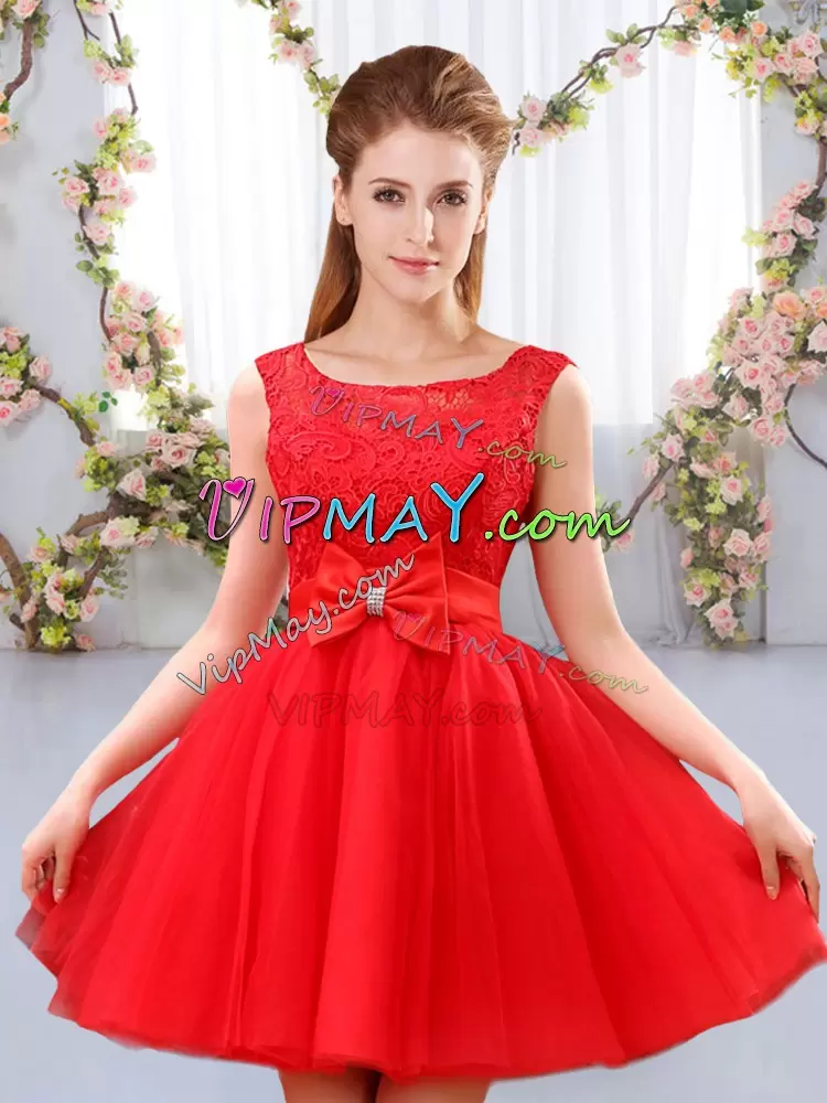 Custom Design Red Sleeveless Mini Length Lace and Bowknot Lace Up Wedding Guest Dresses Scoop