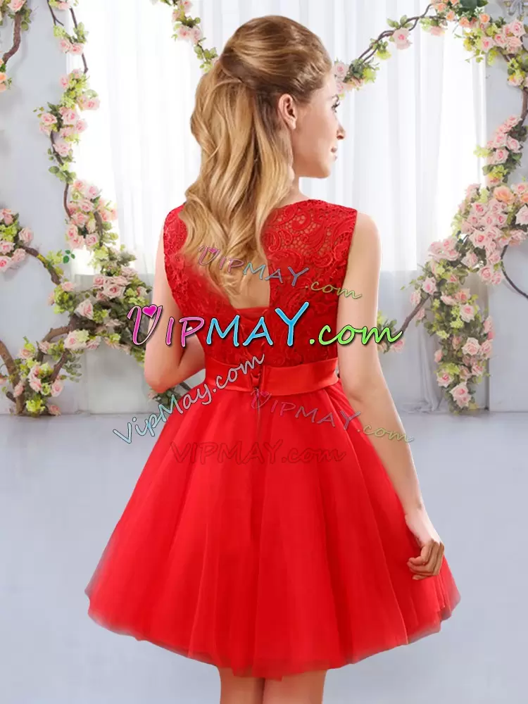 Custom Design Red Sleeveless Mini Length Lace and Bowknot Lace Up Wedding Guest Dresses Scoop