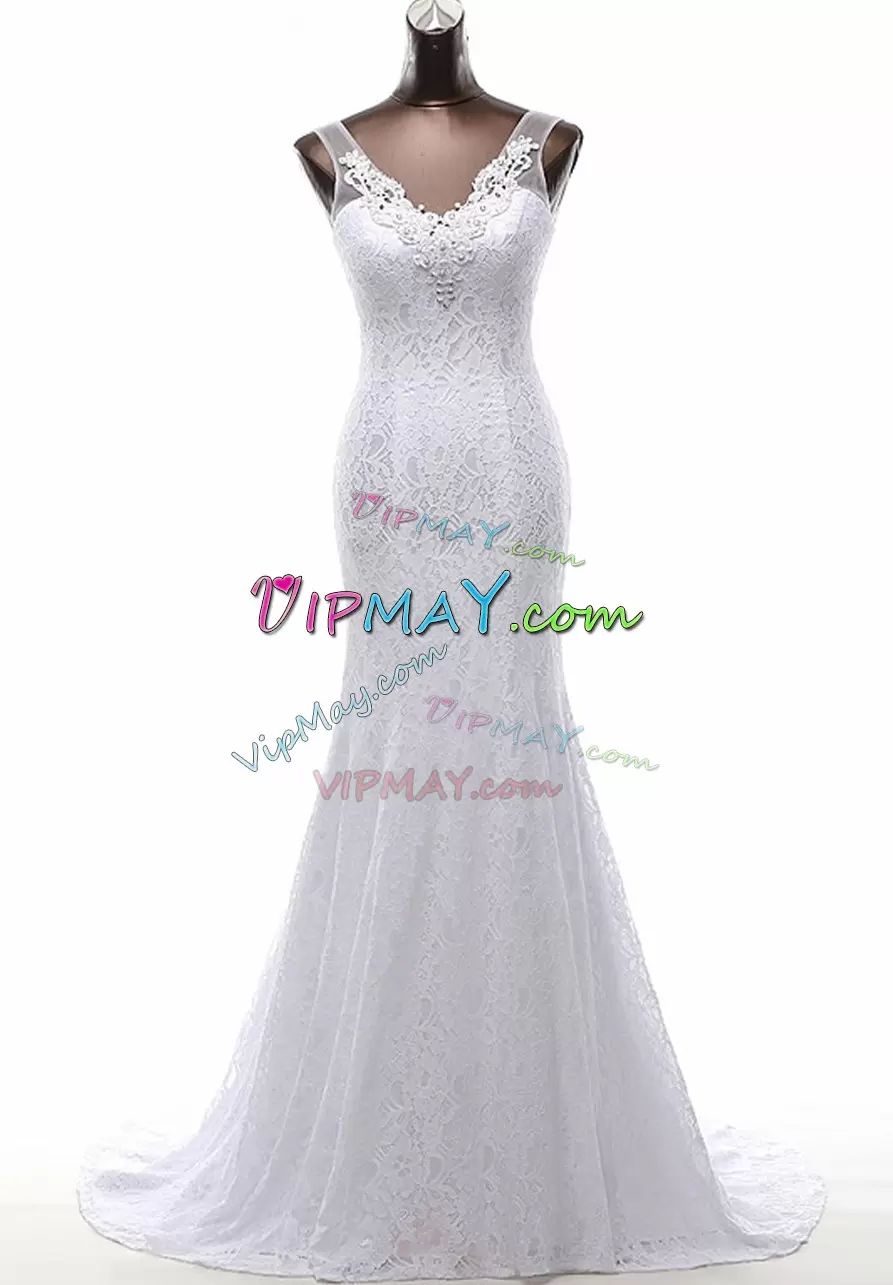 High End White Mermaid V-neck Sleeveless Lace With Brush Train Lace Up Beading and Lace Wedding Gowns