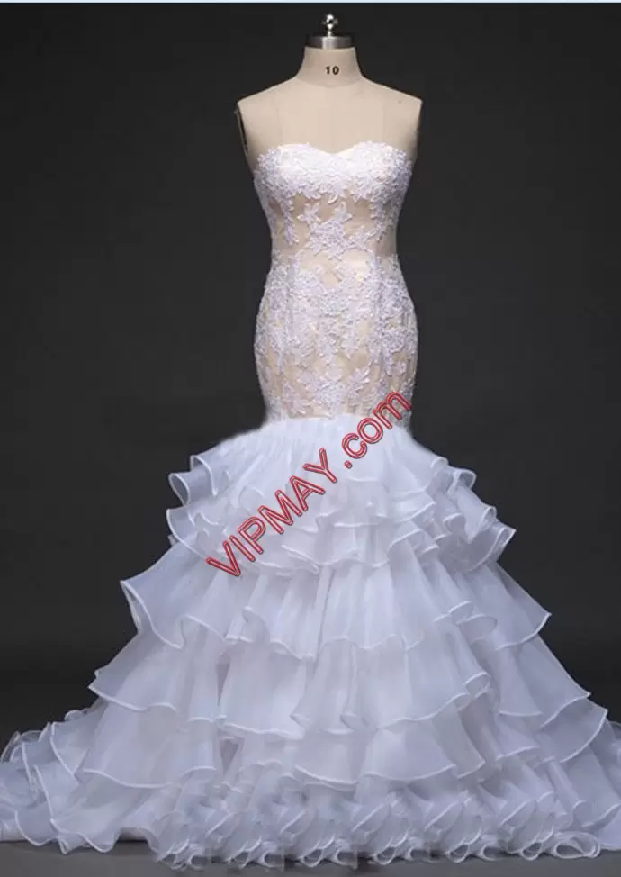 Pretty Chiffon and Lace Sleeveless With Train Wedding Dresses Brush Train and Lace and Appliques and Ruffled Layers