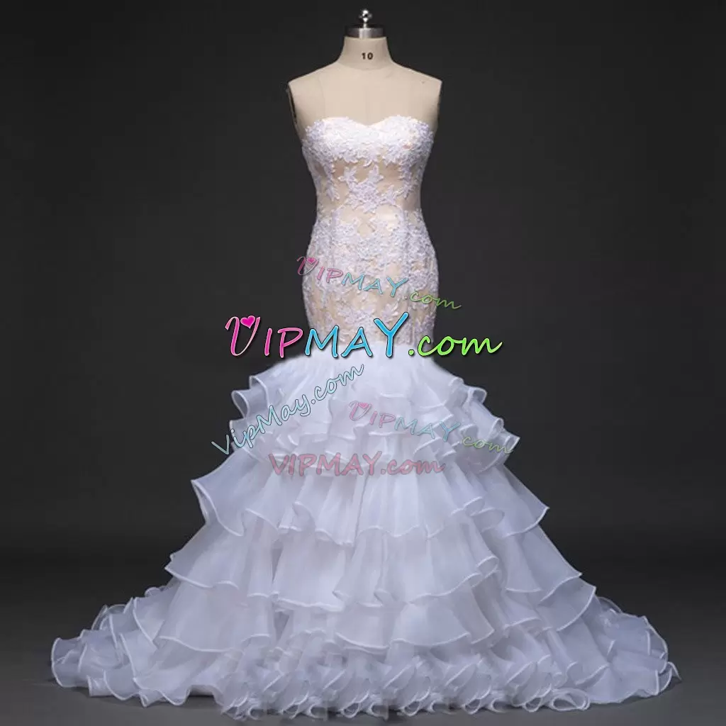 Pretty Chiffon and Lace Sleeveless With Train Wedding Dresses Brush Train and Lace and Appliques and Ruffled Layers