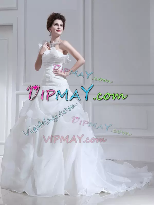 With Train White Bridal Gown Organza and Tulle Brush Train Sleeveless Ruffles and Ruching and Pick Ups