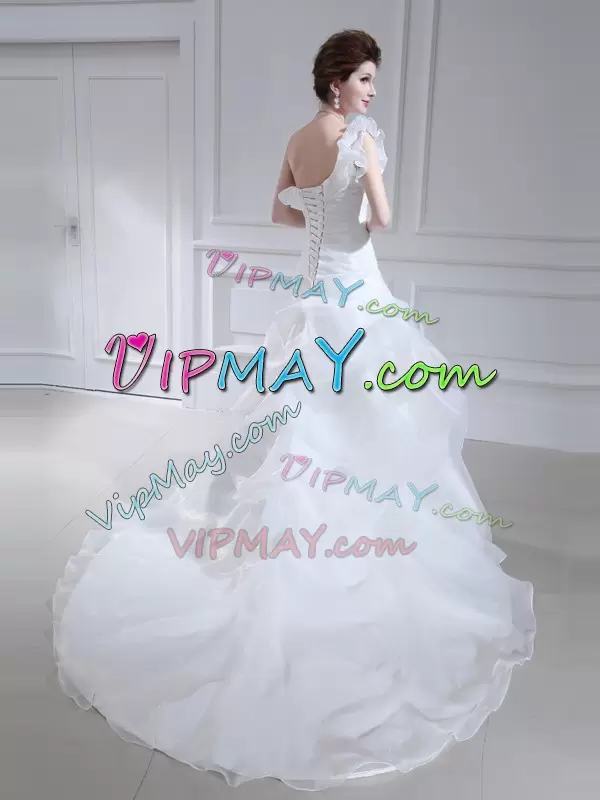 With Train White Bridal Gown Organza and Tulle Brush Train Sleeveless Ruffles and Ruching and Pick Ups