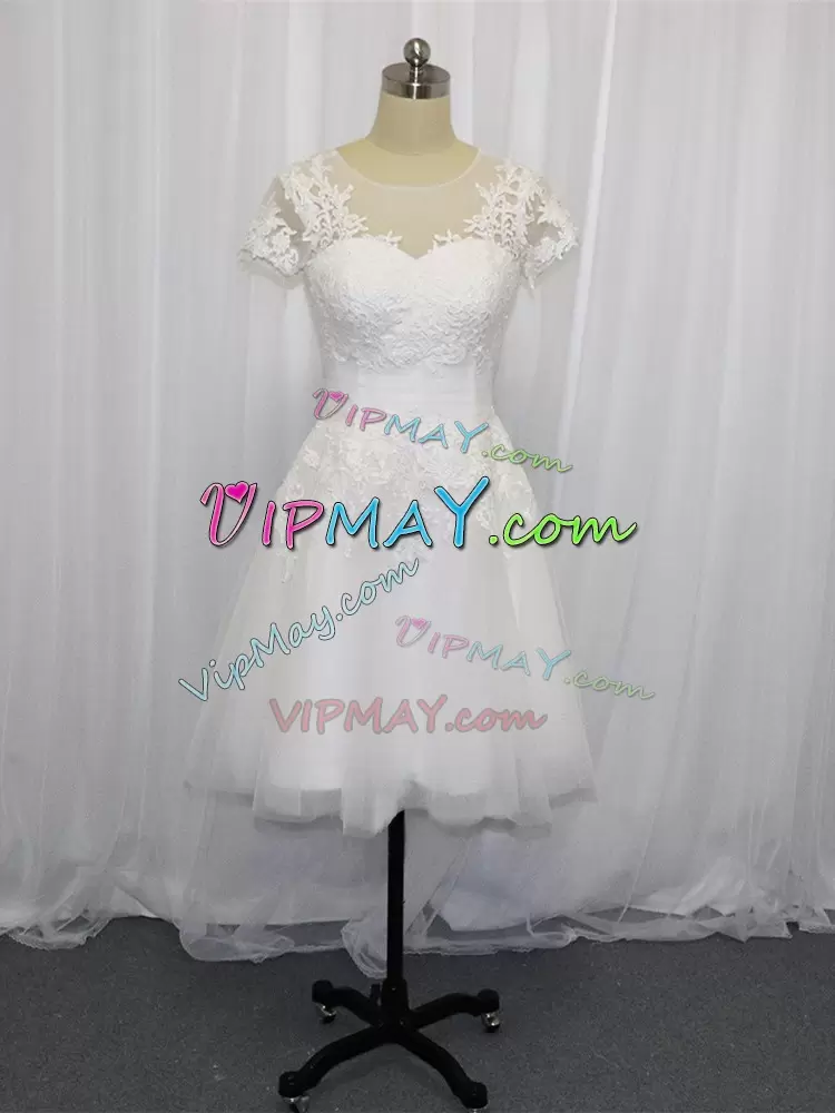 White Tulle Zipper Wedding Dresses Short Sleeves Mini Length Lace