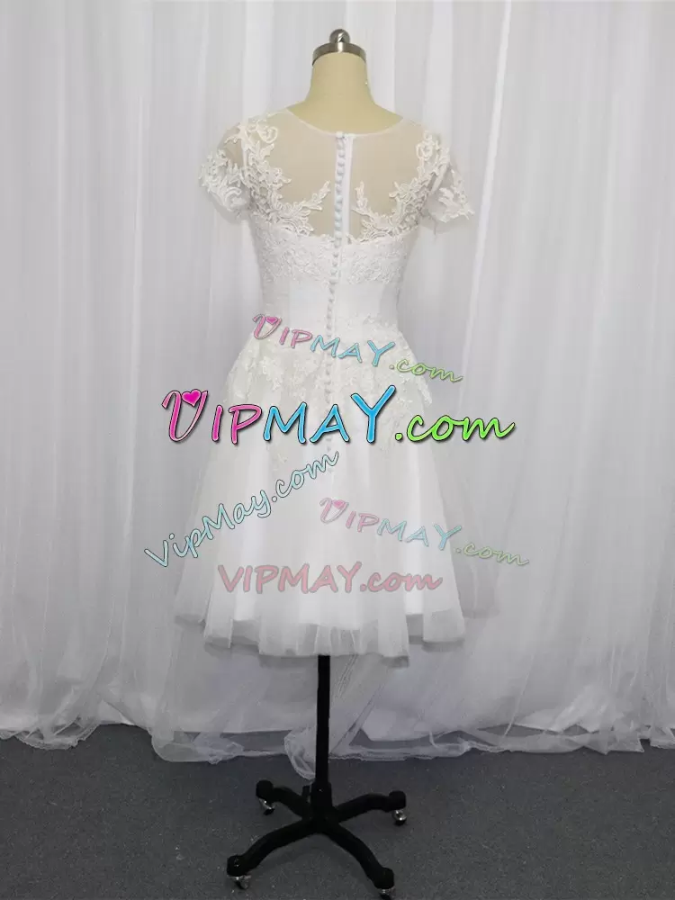 White Tulle Zipper Wedding Dresses Short Sleeves Mini Length Lace