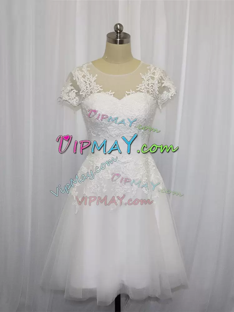 White Tulle Zipper Wedding Dresses Short Sleeves Mini Length Lace