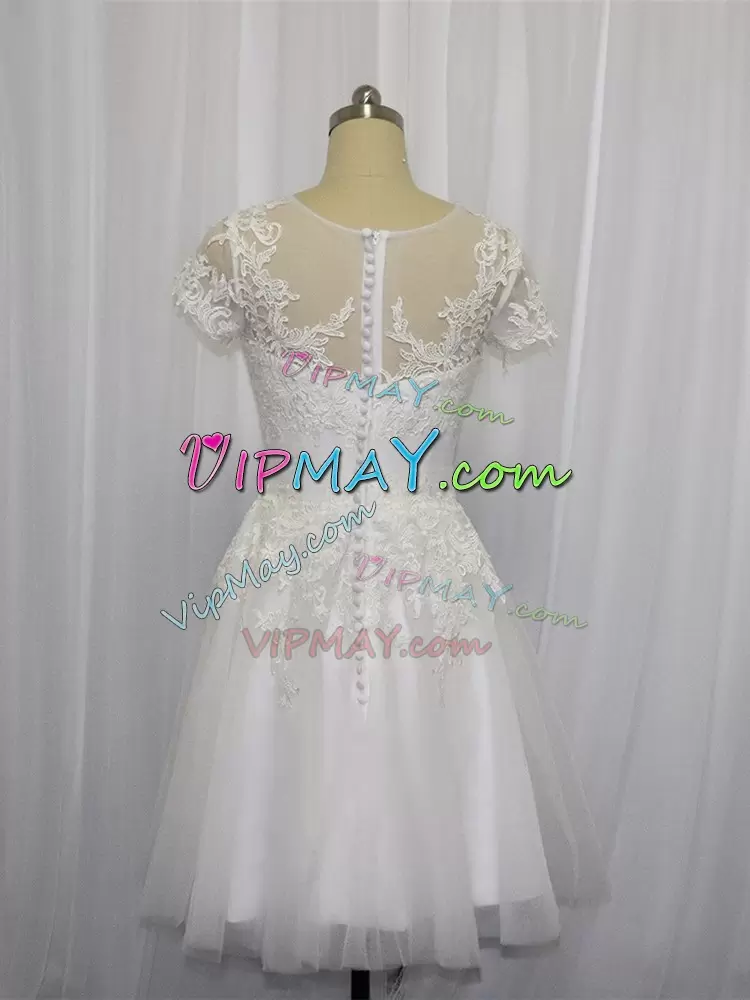 White Tulle Zipper Wedding Dresses Short Sleeves Mini Length Lace