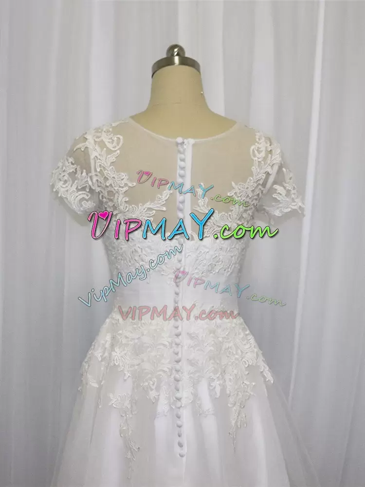 White Tulle Zipper Wedding Dresses Short Sleeves Mini Length Lace