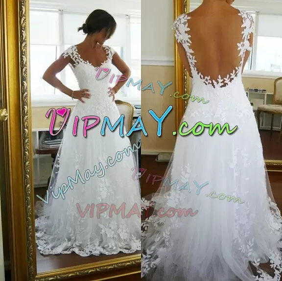 Elegant White A-line V-neck Cap Sleeves Tulle With Brush Train Backless Lace and Appliques Bridal Gown