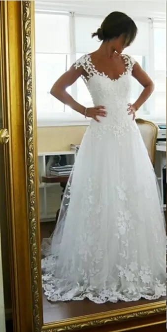 Elegant White A-line V-neck Cap Sleeves Tulle With Brush Train Backless Lace and Appliques Bridal Gown