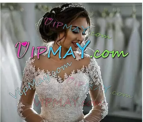 White Tulle Zipper Wedding Dress Long Sleeves Chapel Train Beading and Appliques