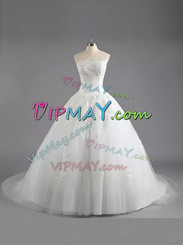 White A-line Tulle Strapless Sleeveless Beading and Appliques With Train Lace Up Bridal Gown Court Train