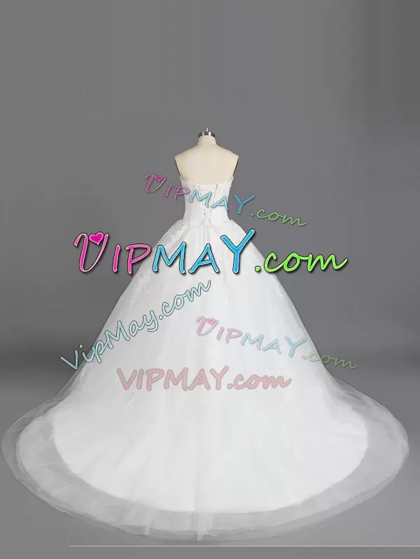 White A-line Tulle Strapless Sleeveless Beading and Appliques With Train Lace Up Bridal Gown Court Train