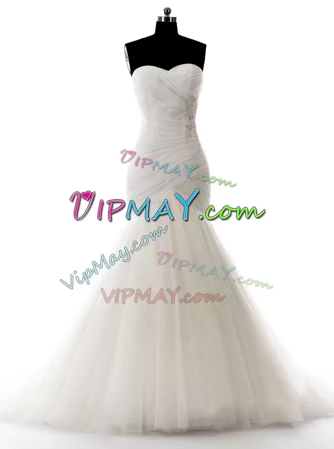 White Sleeveless Brush Train Beading With Train Wedding Dresses