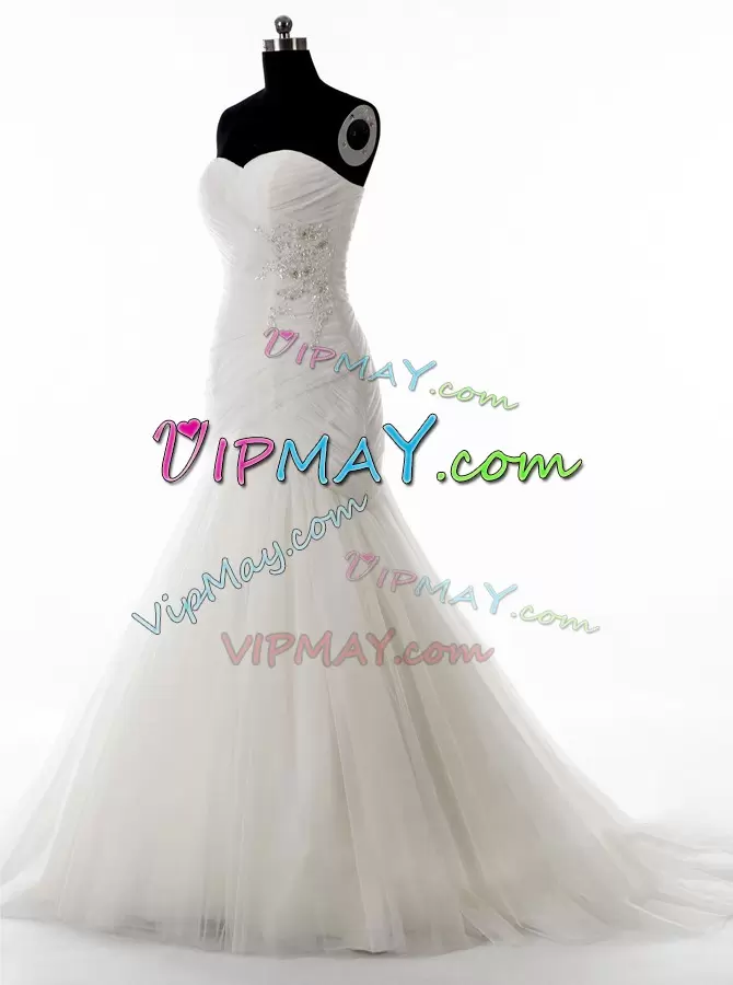 White Sleeveless Brush Train Beading With Train Wedding Dresses