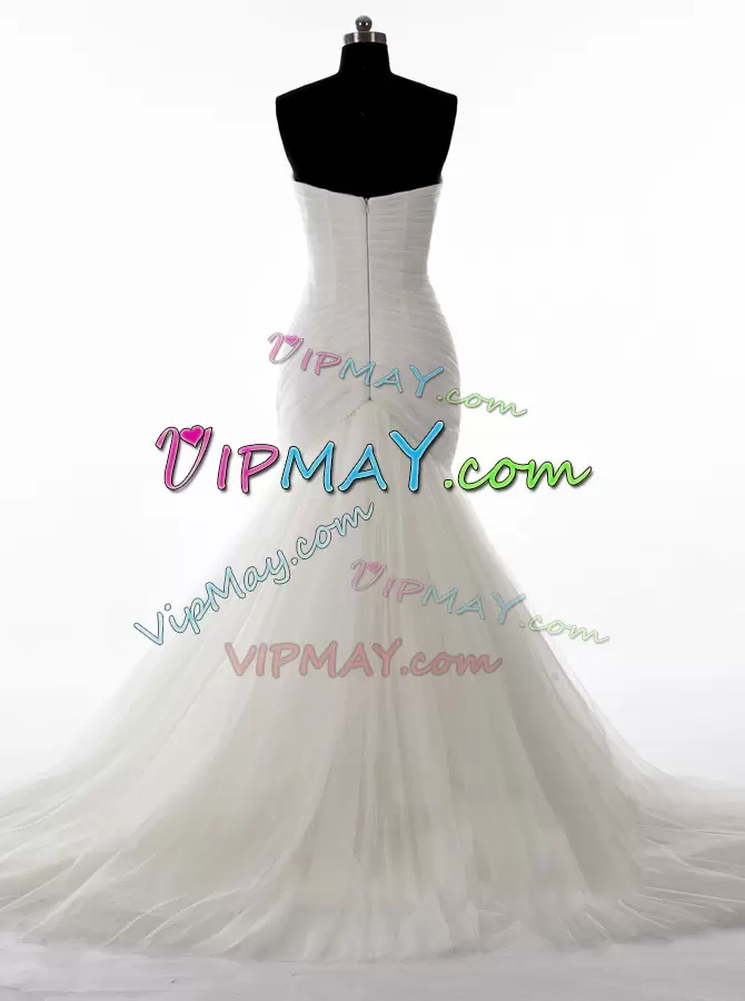 White Sleeveless Brush Train Beading With Train Wedding Dresses