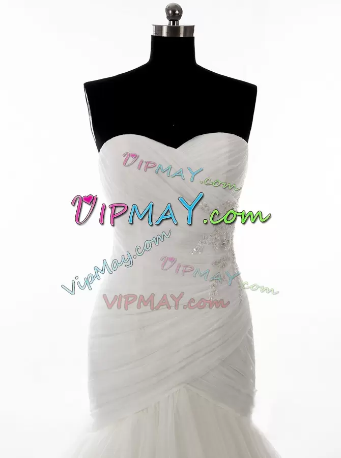 White Sleeveless Brush Train Beading With Train Wedding Dresses