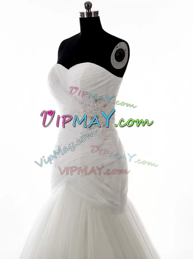 White Sleeveless Brush Train Beading With Train Wedding Dresses