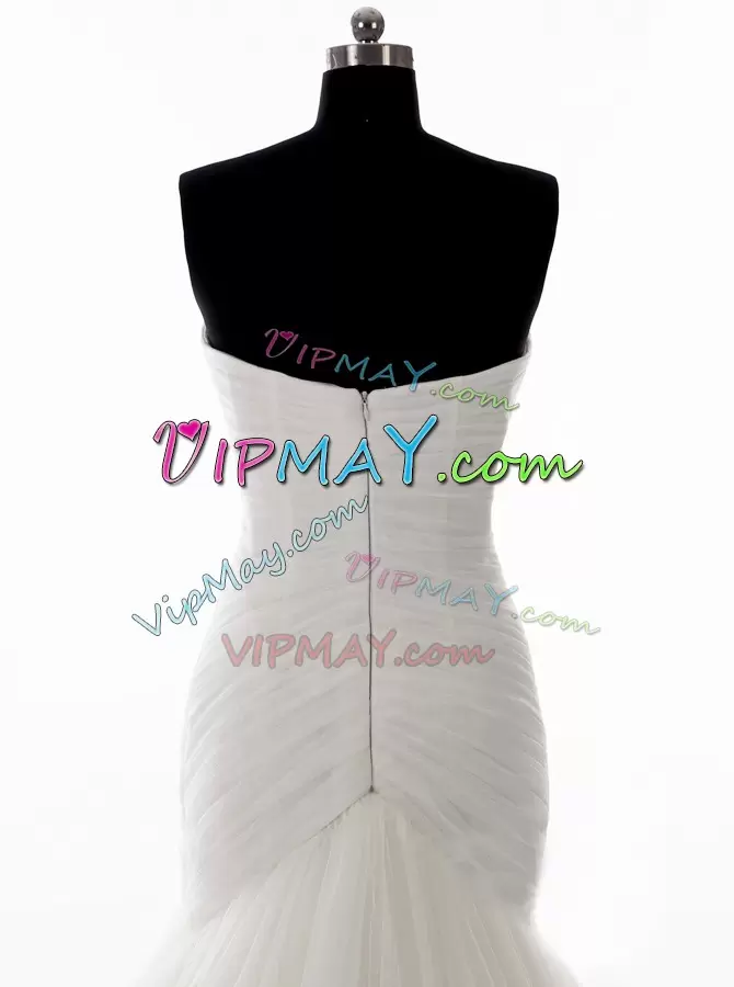 White Sleeveless Brush Train Beading With Train Wedding Dresses