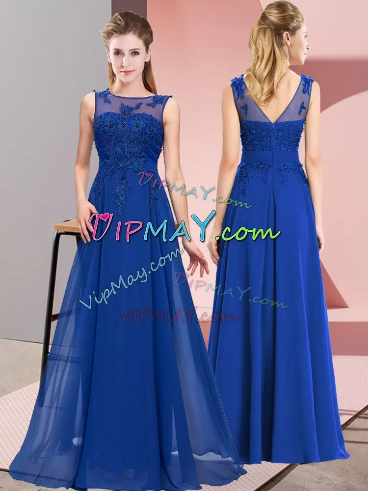 Fantastic Royal Blue Scoop Neckline Beading and Appliques Bridesmaid Gown Sleeveless Zipper