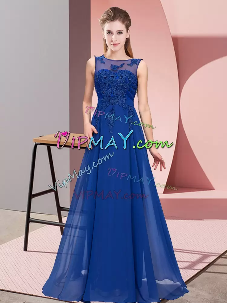 Fantastic Royal Blue Scoop Neckline Beading and Appliques Bridesmaid Gown Sleeveless Zipper