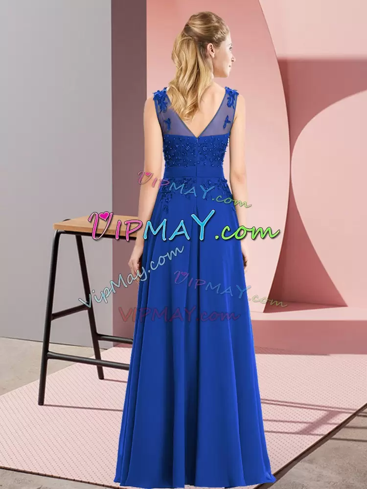 Fantastic Royal Blue Scoop Neckline Beading and Appliques Bridesmaid Gown Sleeveless Zipper