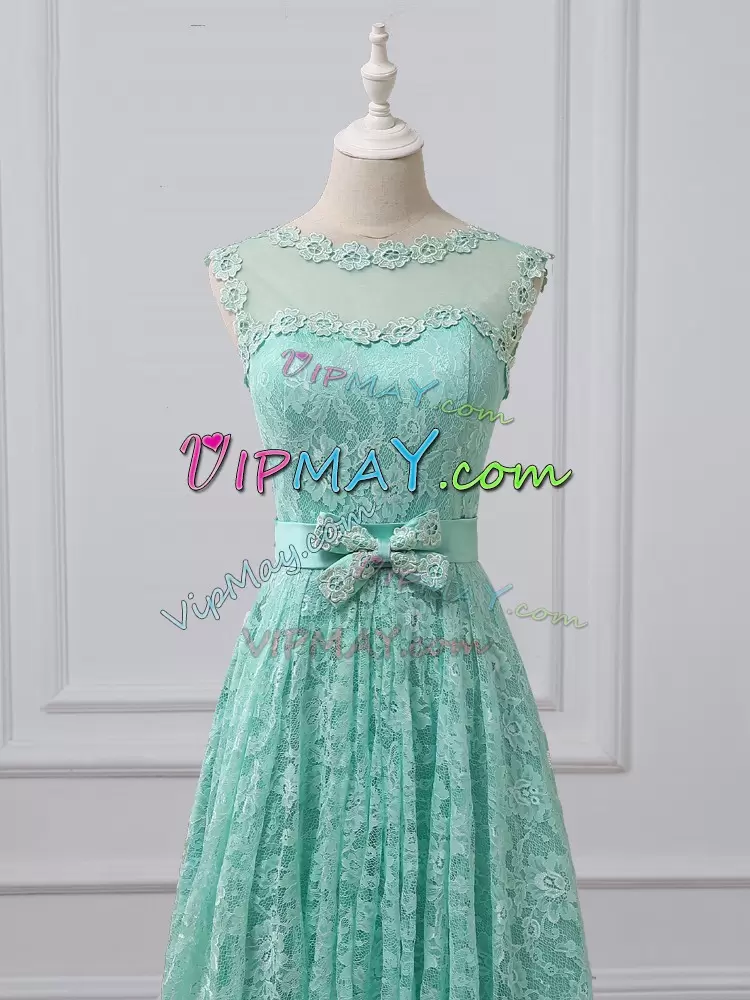Fabulous Knee Length Apple Green Quinceanera Dama Dress Lace Sleeveless Lace and Bowknot