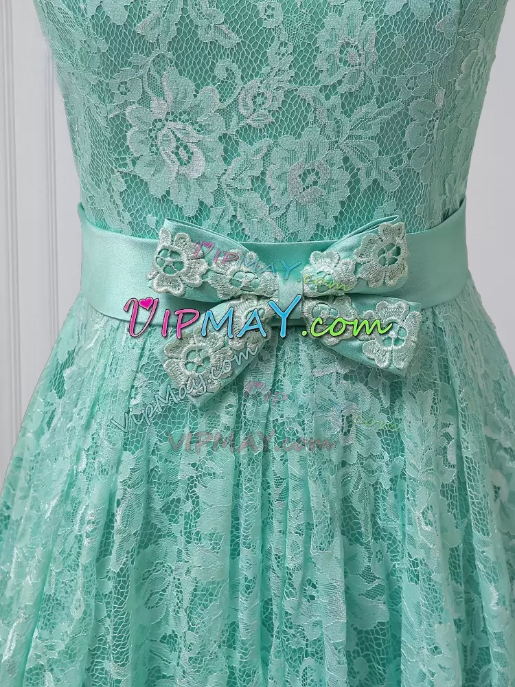 Fabulous Knee Length Apple Green Quinceanera Dama Dress Lace Sleeveless Lace and Bowknot