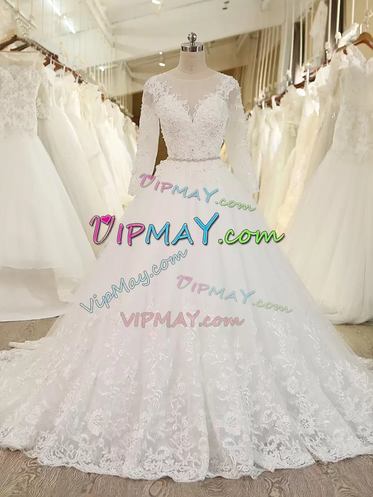 Customized Scoop Long Sleeves Wedding Dress Chapel Train Beading and Lace and Appliques White Tulle