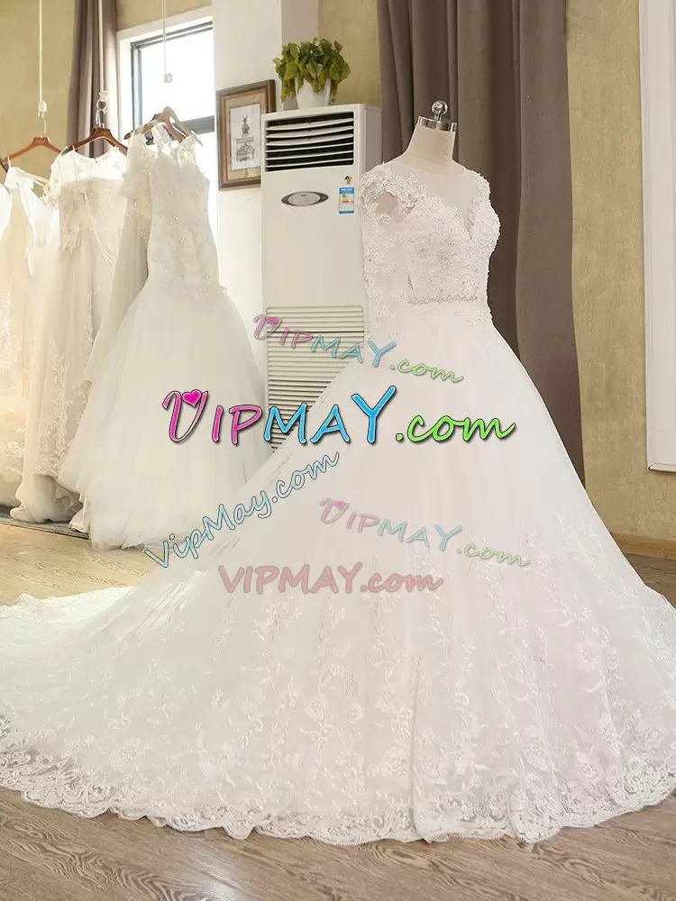 Customized Scoop Long Sleeves Wedding Dress Chapel Train Beading and Lace and Appliques White Tulle