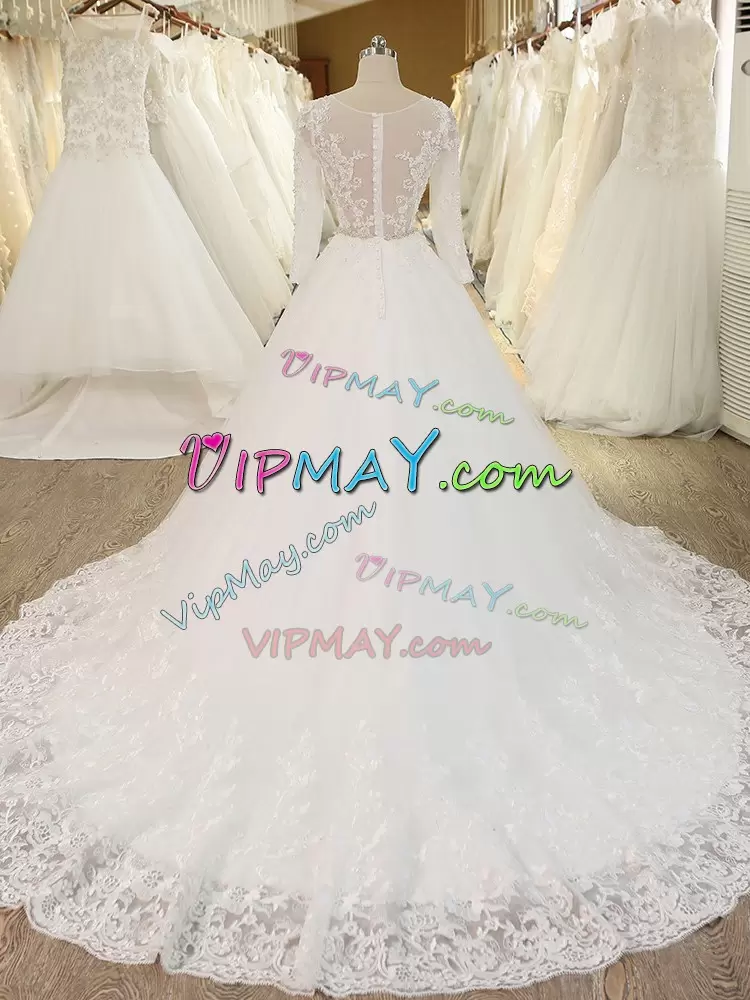 Customized Scoop Long Sleeves Wedding Dress Chapel Train Beading and Lace and Appliques White Tulle