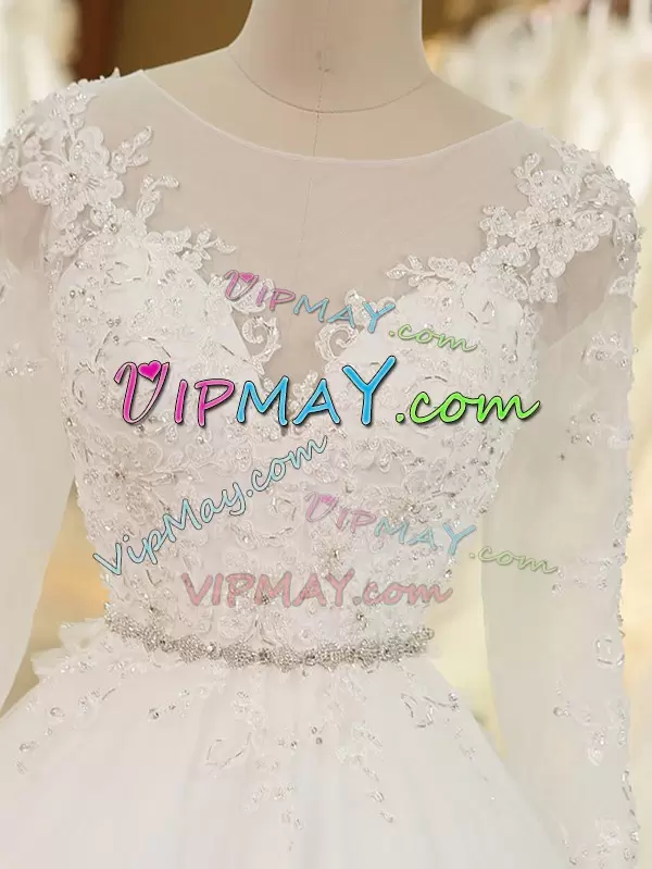 Customized Scoop Long Sleeves Wedding Dress Chapel Train Beading and Lace and Appliques White Tulle