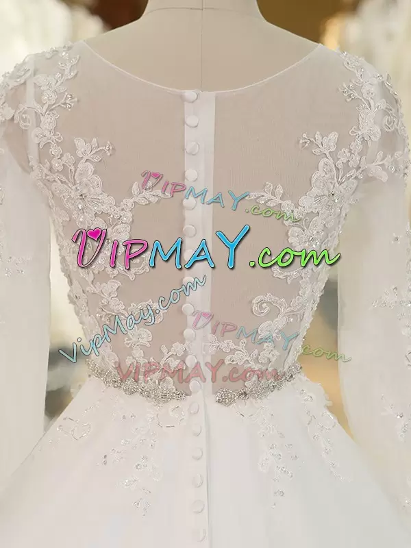 Customized Scoop Long Sleeves Wedding Dress Chapel Train Beading and Lace and Appliques White Tulle