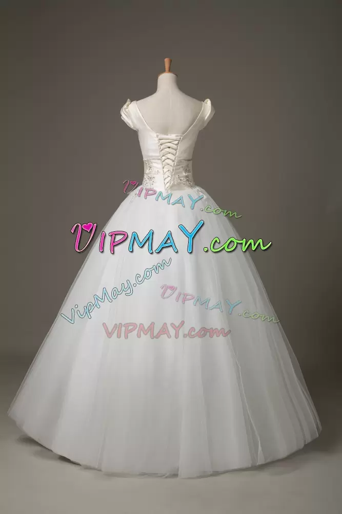 Captivating White Ball Gowns Tulle V-neck Short Sleeves Beading and Appliques and Bowknot Floor Length Lace Up Bridal Gown