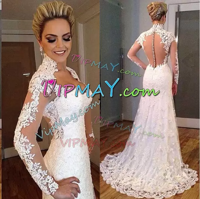 White Wedding Gown High-neck Long Sleeves Brush Train Clasp Handle