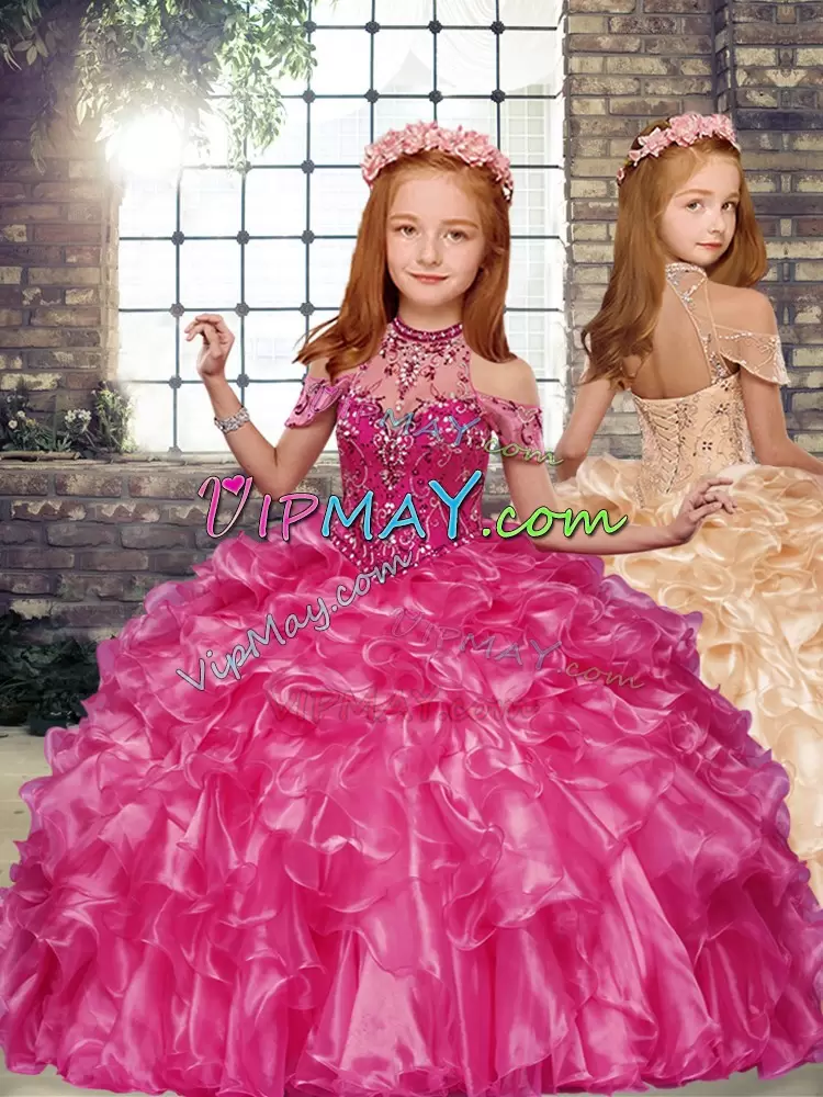 Affordable Organza High-neck Sleeveless Lace Up Beading and Ruffles Little Girls Pageant Dress in Hot Pink