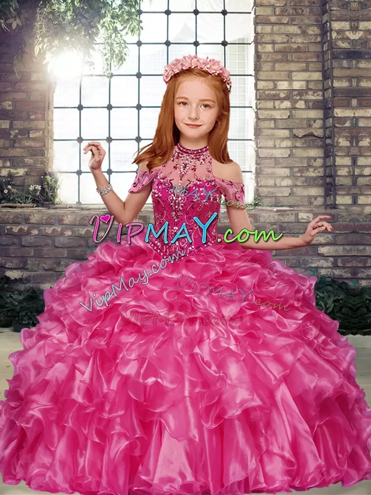 Affordable Organza High-neck Sleeveless Lace Up Beading and Ruffles Little Girls Pageant Dress in Hot Pink