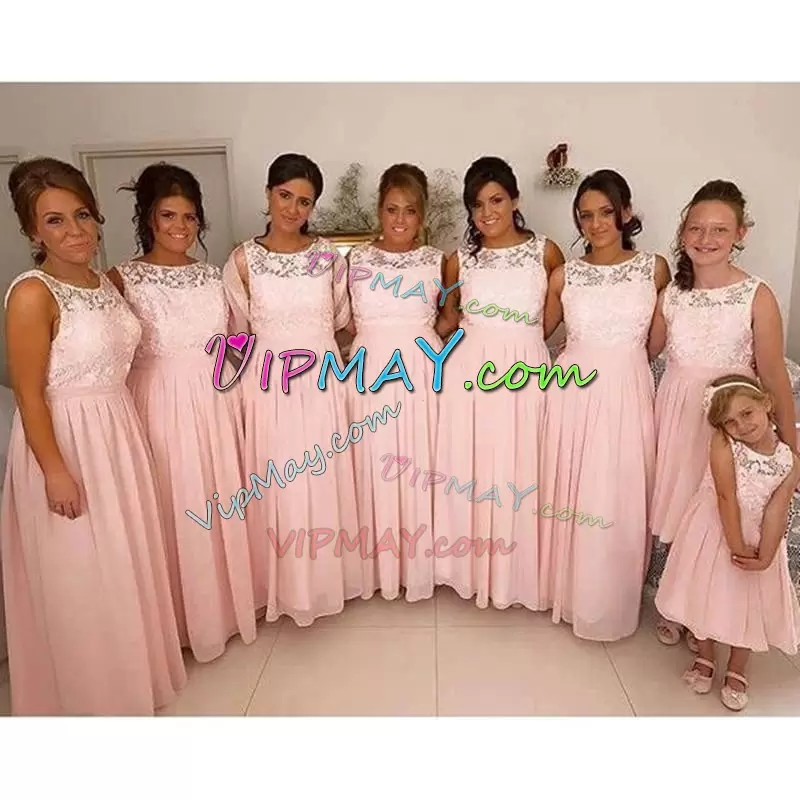 Delicate Sleeveless Chiffon Floor Length Lace Up Bridesmaid Gown in Pink with Lace