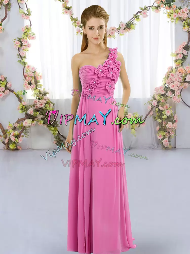 Great Rose Pink Chiffon Lace Up Quinceanera Court of Honor Dress Sleeveless Floor Length Hand Made Flower