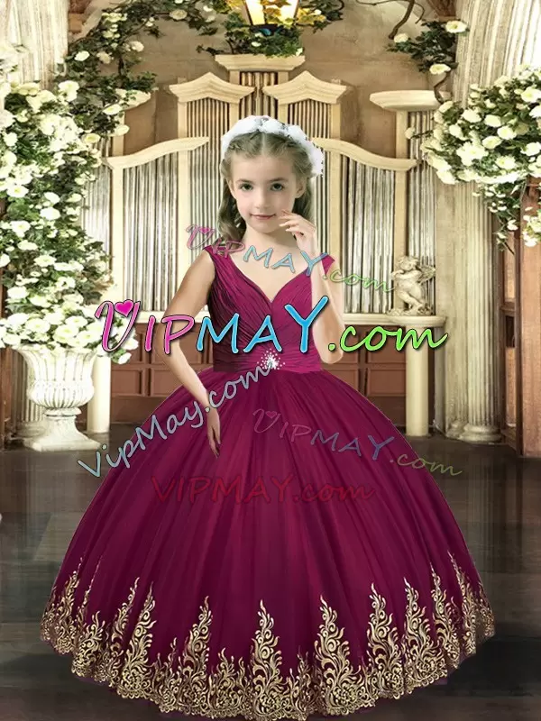 Best Tulle Sleeveless Backless Embroidery Kids Pageant Dress in Burgundy