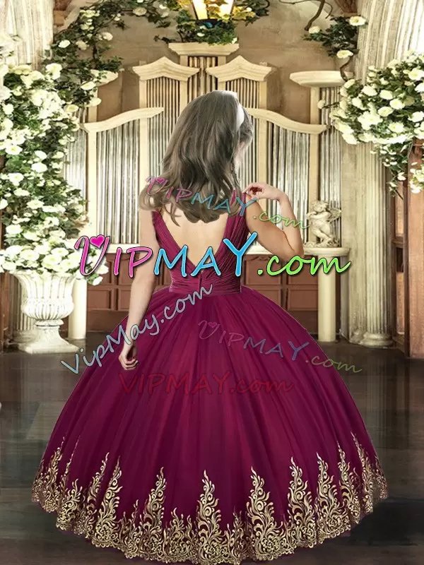 Best Tulle Sleeveless Backless Embroidery Kids Pageant Dress in Burgundy