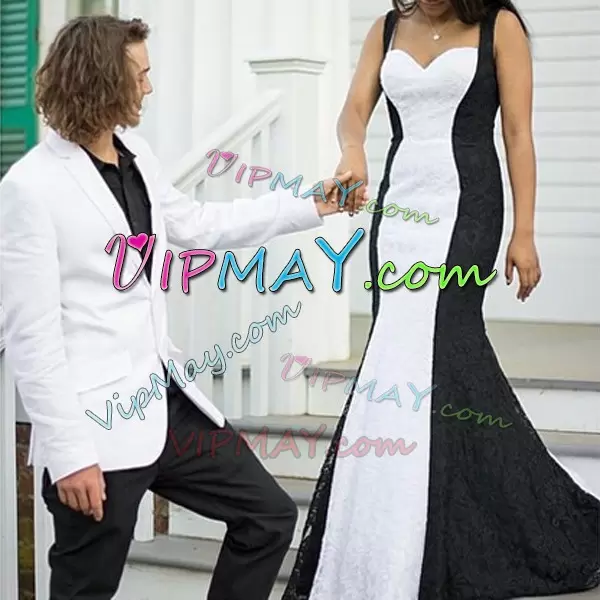 Enchanting White And Black Lace Up Bridal Gown Lace Sleeveless Floor Length