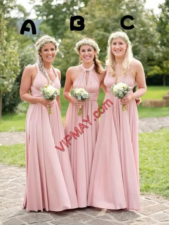 Fantastic Sleeveless Chiffon Floor Length Bridesmaid Dresses in Pink with Ruching