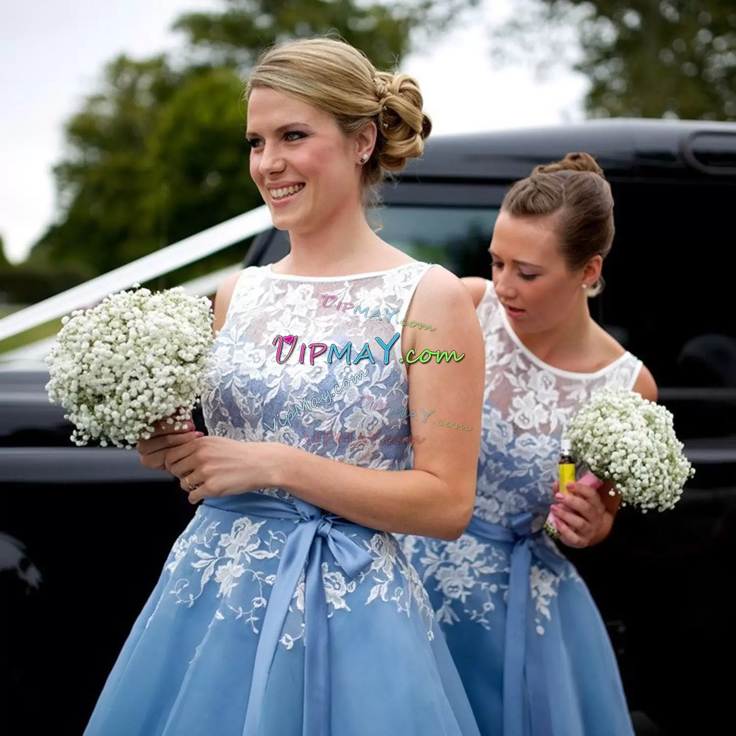 Floor Length White Bridesmaid Dresses Satin and Organza Sweep Train Sleeveless Beading and Lace