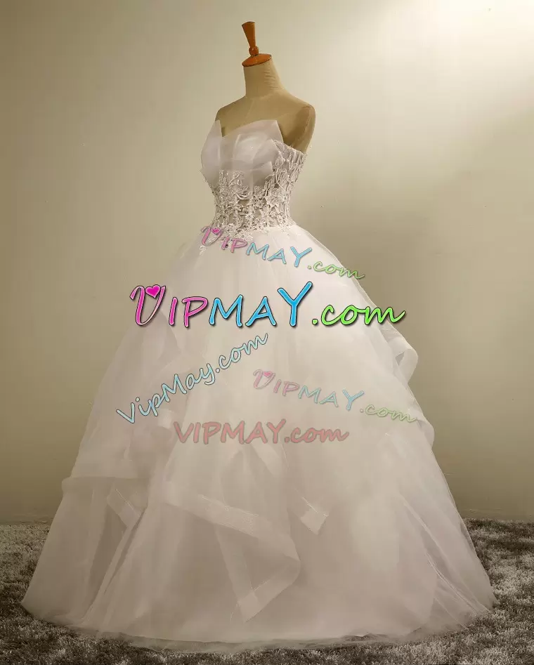 Appliques and Ruffles Wedding Dress White Lace Up Sleeveless Floor Length