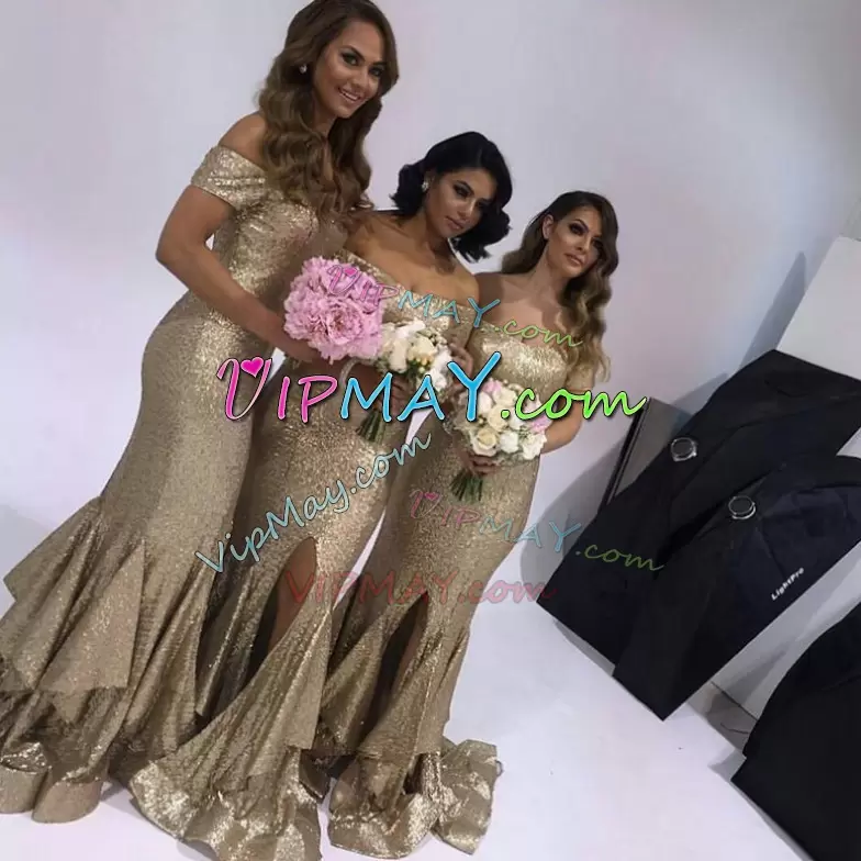 Custom Design Gold Off The Shoulder Sequins Quinceanera Court of Honor Dress Sweep Train