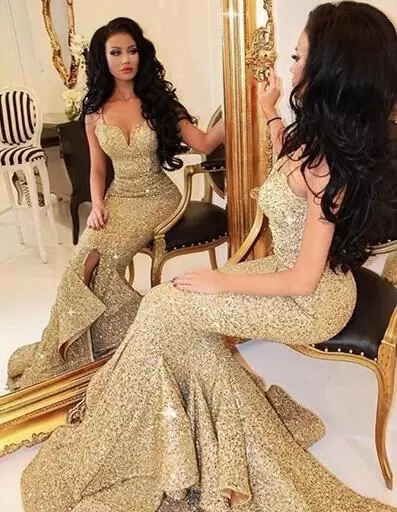 Gold Mermaid Spaghetti Straps Sleeveless Sequins Bridesmaid Gown Brush Train