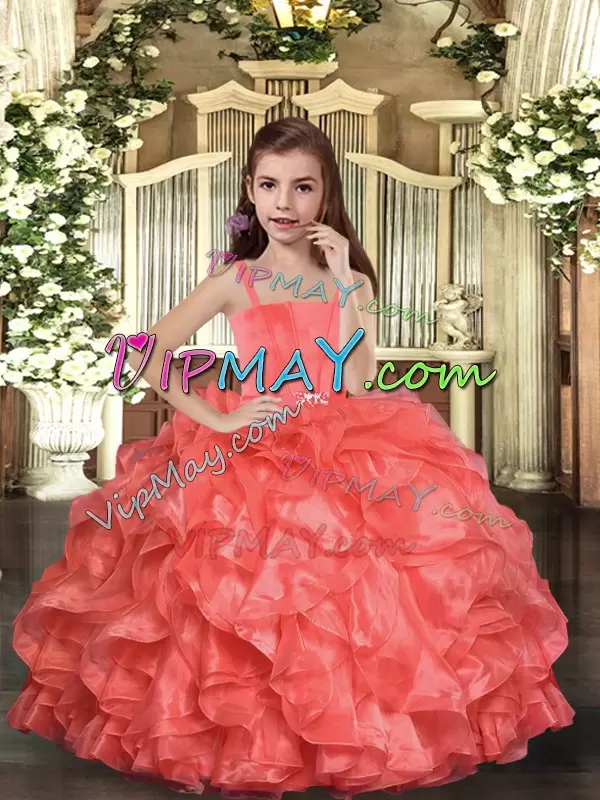 High End Floor Length Coral Red Little Girls Pageant Dress Wholesale Organza Sleeveless Ruffles